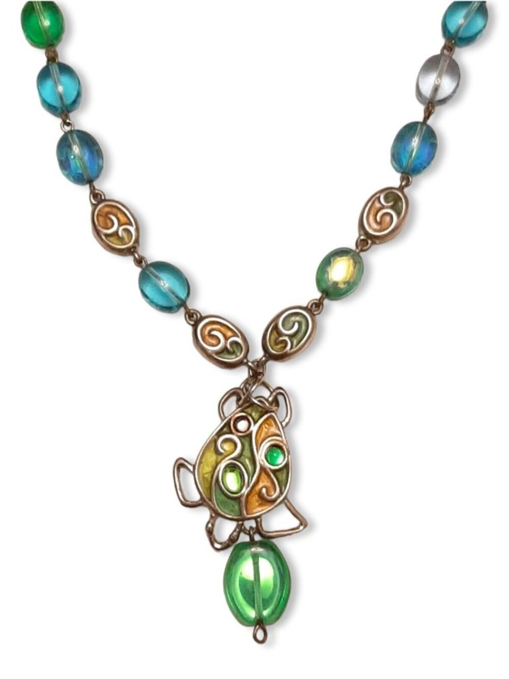 Vintage Givenchy Necklace Blue Green Long Beads & Turtle Pendant SIGNED Logo